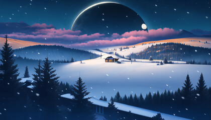 Fototapeta premium Snow Valley. Winter. A fantastic night sky. Amazing landscape. New Year's night.