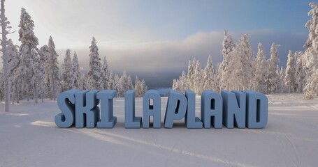 The inscription in English skiing in blue color skiing Lapland against the backdrop of a ski slope in Finland.3d render illustration.