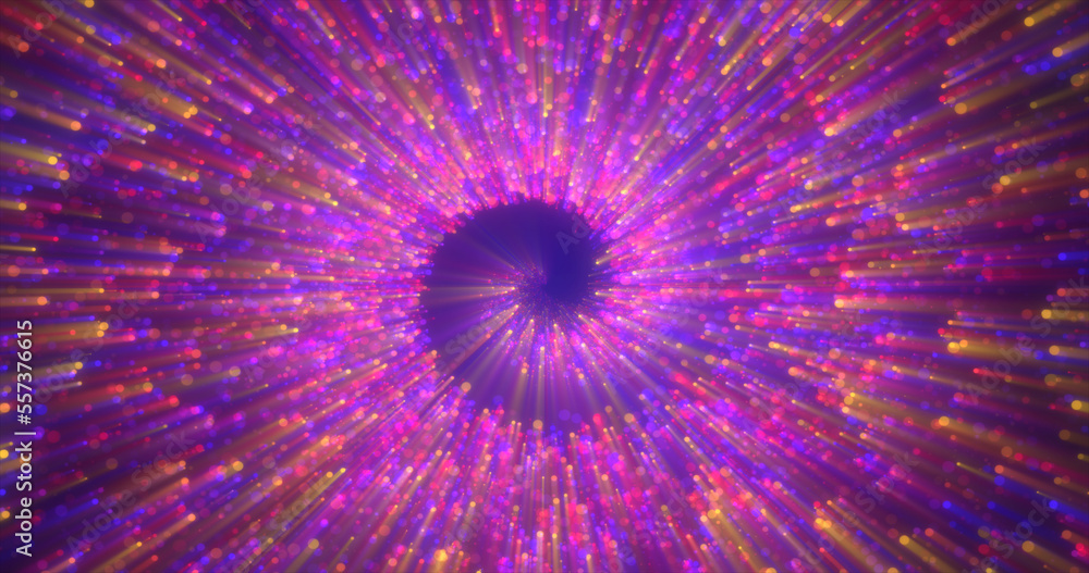 Poster abstract spiral tunnel of beautiful flying glowing magical particles bokeh circles of multicolored p