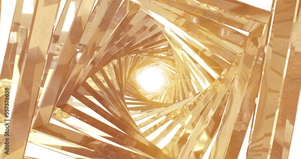 Poster a spinning golden metal tunnel with walls of ribs and lines in the shape of a square with reflection