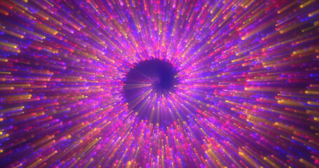 Abstract spiral tunnel of beautiful flying glowing magical particles bokeh circles of multicolored purple energy on a dark background. Abstract background