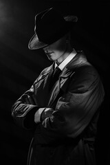 a dark silhouette of a man in a raincoat and hat with his head down in the style of crime noir. A dramatic noir portrait in the style of detectives of the 1950s. - obrazy, fototapety, plakaty