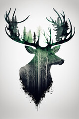 Double exposure illustration of a deer and misty forest. 