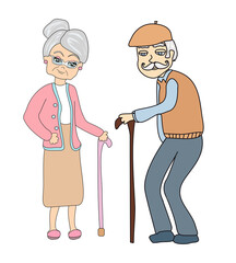 elegant old couple on a walk - doodle isolated illustration