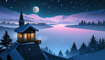 Snow Valley. Winter. A fantastic night sky. Amazing landscape. New Year's night.