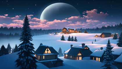 Snow Valley. Winter. A fantastic night sky. Amazing landscape. New Year's night.