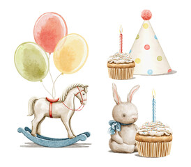 Watercolor vintage set with cute toy rocking horse animal, cupcake, balloons and plush rabbit isolated on white background. Hand drawn illustration sketch © Mimomy