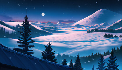 Fototapeta na wymiar Snow Valley. Winter. A fantastic night sky. Amazing landscape. New Year's night.