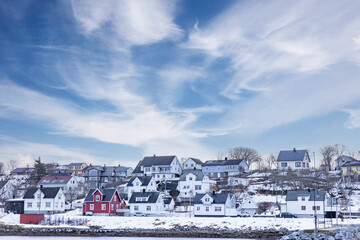 View of part of Brønnøysund with small wooden houses in winter costume,Helgeland,Norway,Europe
