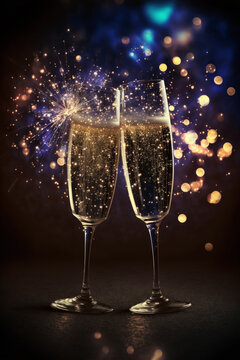 New Years eve concept with bokeh, fireworks and glasses of champagne.	