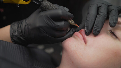Lip augmentation. The doctor cosmetologist makes Lip augmentation procedure of a beautiful woman