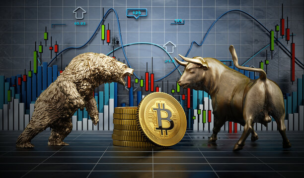 Golden bull and bear standing near generic Bitcoin cryptocurrencies. Stock charts in the background. 3D illustration