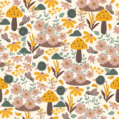  Seamless pattern in delicate green, yellow colors. Nature, forest, trees, mushrooms, insects, toad, fern. Hand drawn, vector