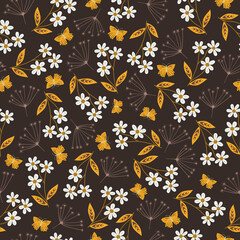 Nature, mystical forest, insects, abstract flowers. Dark brown background. Seamless pattern in brown, yellow colors. Hand drawing, vector
