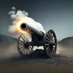 Cannon fires in a blast of flame and smoke. 