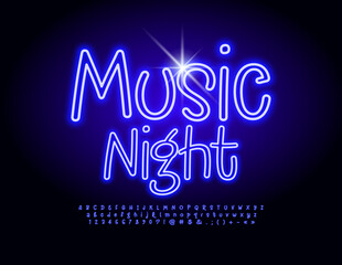 Fototapeta na wymiar Vector bright poster Music Night. Artistic handwritten Font. Electric Alphabet Letters and Numbers set