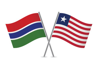 Gambia and Liberia crossed flags. Gambian and Liberian flags on white background. Vector icon set. Vector illustration.