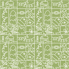 Christmas logo advent seamless pattern snowflake, gift box, house, garland, sock and tree on green background. Hand drawn monoline winter vector constructor for greeting card