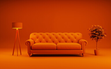 Fototapeta na wymiar 3D rendering of a monochrome orange interior. Sofa, plant and floor lamp.