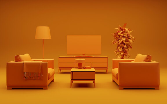 3D rendering of a monochrome orange interior. Two armchairs, chest of drawers and TV. Indoor flower and floor lamp