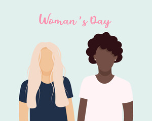Friendship of two women of different nationalities, cultures, skin colors. Light-skinned and dark-skinned women together, solidarity, unity. Concept for international women's day