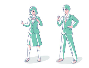 Students wearing a school uniform doing a fist pump.whole body.