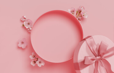 3D background gift, open box display for cosmetic product presentation with cherry sakura flower. Present with pastel pink ribbon. Spring branding banner. 3D render shopping mockup © kopikoo