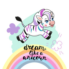 Cartoon zebra in multi-colored stripes on a white background isolated. Vector illustration. Dream like a unicorn