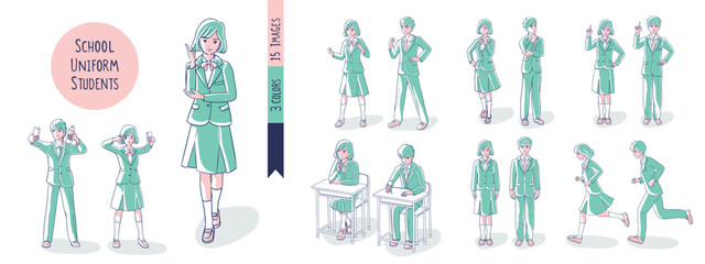 A scene of students wearing school uniforms. 3colors .15images. whole body.