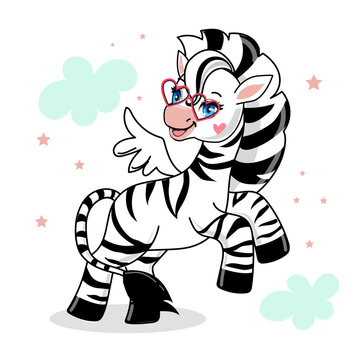 Cute cartoon zebra in sunglasses on white background isolated. Vector illustration for children. T-shirt design
