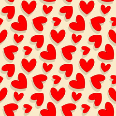 Small red hearts isolated on a beige background. Cute festive seamless pattern. Vector simple flat graphic illustration. Texture.