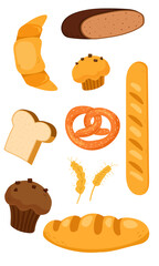 Poster frame template with bread products. Rye, whole grain bread and pretzel, muffin, pita , ciabatta and wheat bread, croissant, bagel, french baguette for design menu bakery