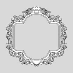 Black linear drawing of round classic frame with white roses wreath