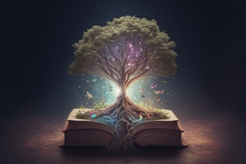 Open book with magical green tree and rays of light on wooden deck. Generative ai illustration