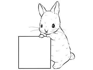 Sketch of bunny holding a blank sheet of paper. Hand drawn outline converted to vector.