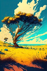 Tree in the Countryside and Golden Plains, Abstract Art, Digital Illustration