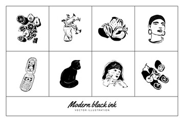 Abstract contemporary mid century modern ink boho black k illustration collection. Hand drawn trendy vector posters, illustrations for print.