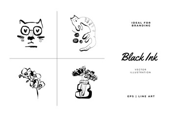 Abstract contemporary mid century modern ink boho black k illustration collection. Hand drawn trendy vector posters, illustrations for print.