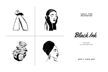 Abstract contemporary mid century modern ink boho black k illustration collection. Hand drawn trendy vector posters, illustrations for print.