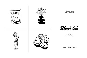 Abstract contemporary mid century modern ink boho black k illustration collection. Hand drawn trendy vector posters, illustrations for print.