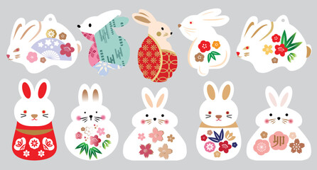 Cute  New Year Rabbits  Happy Chinese New Year 2023 - Year of the Rabbit  Holiday amulet lusky symbol  Zodiac cartoon characte.Isolated  Vector set illustration