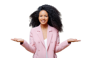 Isolated shot of cheerful female business worker with Afro hairstyle, wears elegant formal violet...