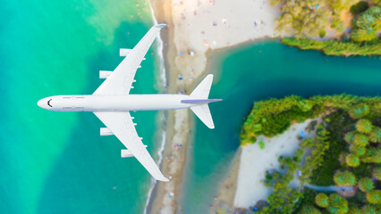 Airplane flying over beach with palm tree, white sand and turquoise ocean