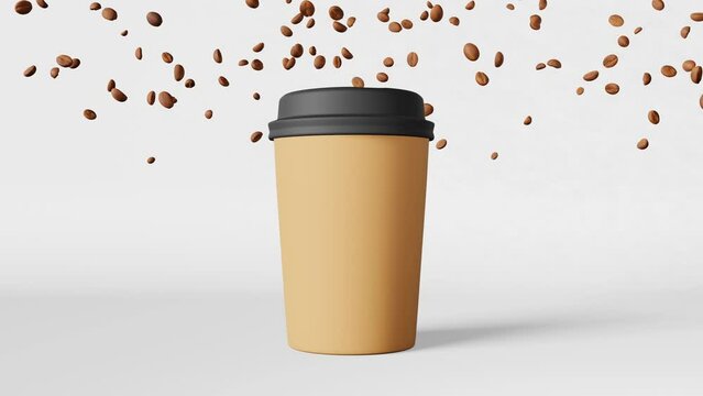 Dancing paper cup black lid flying coffee beans 3D animation. Jumping hot beverage Coffee shop delivery drink discount demonstration sale banner. Blank merchandise label promo design motion graphic 4K