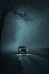 Fototapeta na wymiar car in road at night. mystery concept. generative ai