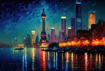 Fototapeta na wymiar illustration with brush stroke texture, oil painting style, cityscape view inspired from Shanghai, China