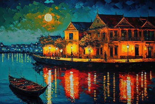 illustration with brush stroke texture, oil painting style, cityscape view inspired from Hoi An, Vietnam