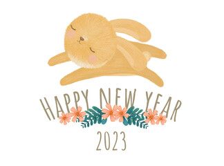 Happy New Year cute watercolor rabbit with bouquets of flowers 2023