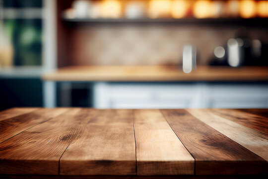 Kitchen table background. Empty wooden desk or board with blur home kitchen room interior for display food product. Generative Ai image illustration