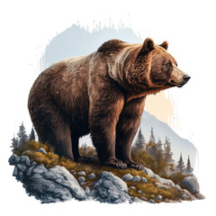 grizzly brown bear in the wilderness visualization on isolated background - obrazy, fototapety, plakaty